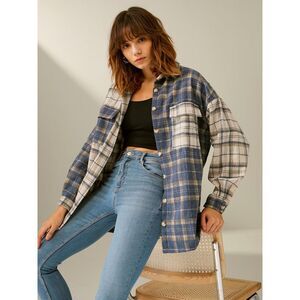 Commense Oversized Color Blocked Plaid Flannel Shirt Jacket size S